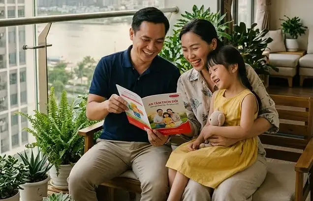 Hình ảnh gia đình hạnh phúc bên cạnh hợp đồng bảo hiểm nhân thọ biểu tượng cho sự bảo vệ tài chính