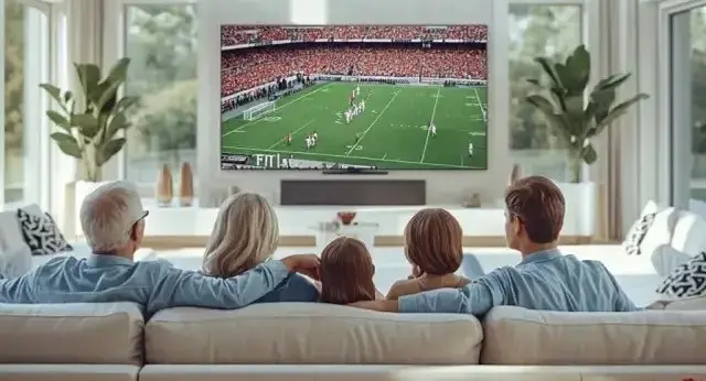 Hình ảnh gia đình nhiều thế hệ cùng nhau ngồi trên ghế sofa cổ vũ bóng đá với nụ cười hạnh phúc