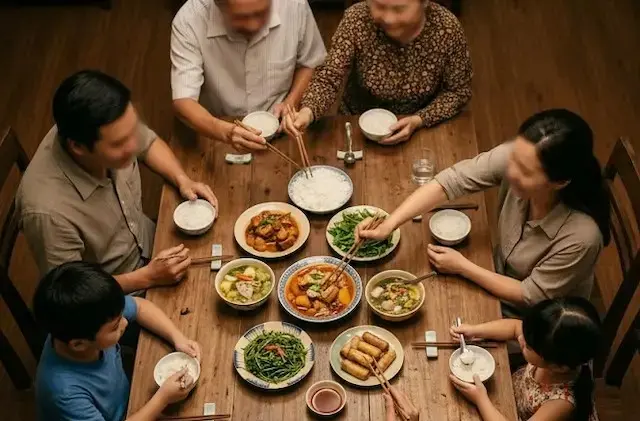 Hình ảnh gia đình nhiều thế hệ quây quần vui vẻ bên mâm cơm ấm cúng tại nhà