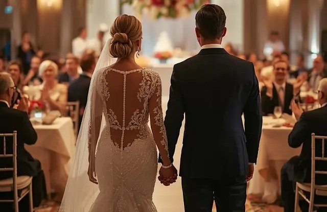 Khung cảnh đám cưới quy mô nhỏ với bàn tiệc dài trang trí hoa tươi tinh tế cho 50 khách.