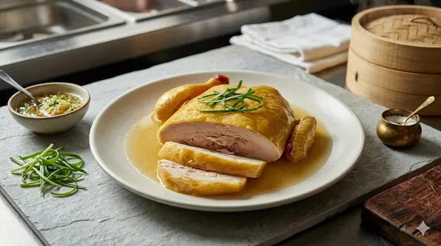 Hình ảnh con gà luộc từng miếng  da vàng bóng mượt xếp trên đĩa sứ trắng sang trọng.