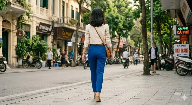 Cận cảnh quần cạp cao ống suông màu xanh và áo trắng phối đồ hack chiều cao