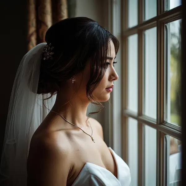 Hình ảnh nàng dâu mới đang suy tư bên cửa sổ hoặc trong không gian bếp gia đình