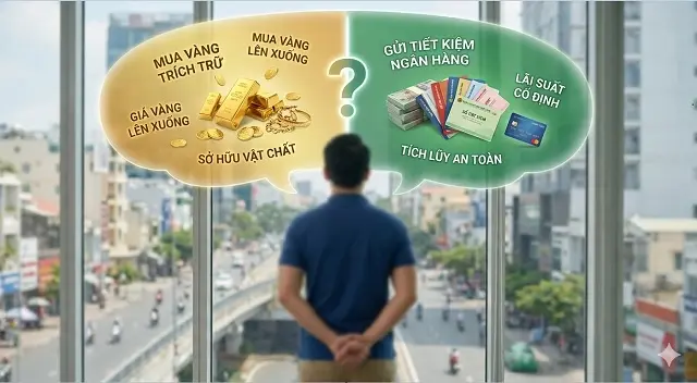Hình ảnh một người đang phân vân lựa chọn giữa mua vàng tích trữ và gửi tiết kiệm ngân hàng với các biểu đồ tài chính rực rỡ