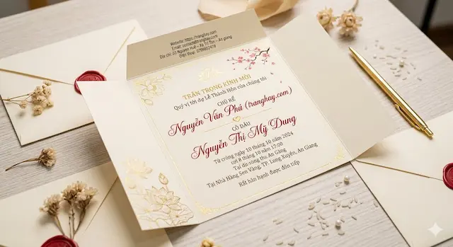 Mẫu thiệp mời đám cưới sang trọng tinh tế đặt trên bàn gỗ cùng hoa trang trí