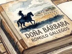 Cuốn tiểu thuyết Dona Barbara đặt nghiêng trên mặt bàn gỗ cổ kính