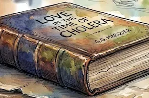 Cuốn tiểu thuyết Love in the Time of Cholera đặt nghiêng trên bàn gỗ