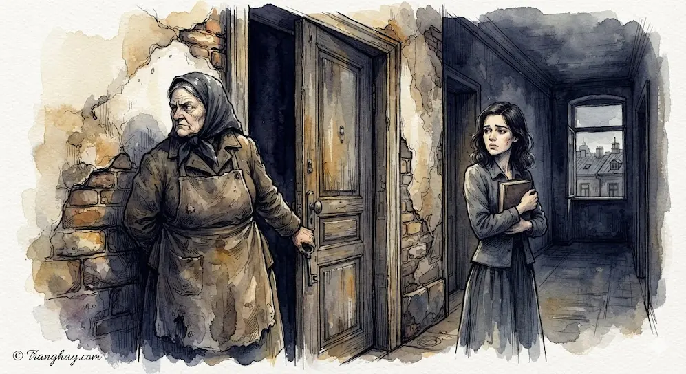 Tranh minh họa màu nước và phác thảo mực đen tác phẩm The Door của Magda Szabo, cảnh bà quản gia Emerence khắc khổ giữ cánh cửa đóng kín và nữ nhà văn ôm sách đứng ngoài hành lang u sầu, có đóng dấu bản quyền Tranghay.com.