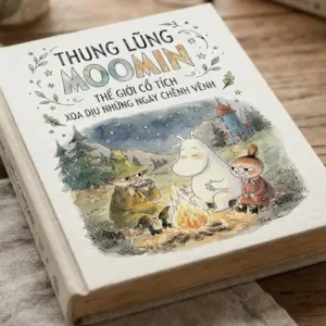 Cuốn tiểu thuyết Thung Lũng Moomin đặt nghiêng trên bàn gỗ mộc mạc