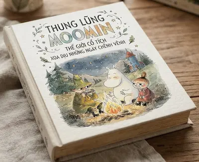 Tranh minh họa màu nước kết hợp phác thảo nét mực đen vẽ cuon sách Thung Lũng Mi-min