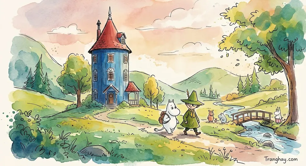 Tranh minh họa màu nước kết hợp phác thảo nét mực đen về Thung lũng Moomin cổ tích dưới bầu trời hoàng hôn ấm áp. Phía bên trái là ngôi nhà ba tầng hình trụ màu xanh lam, mái chóp nhọn màu đỏ đặc trưng của gia đình Moomin