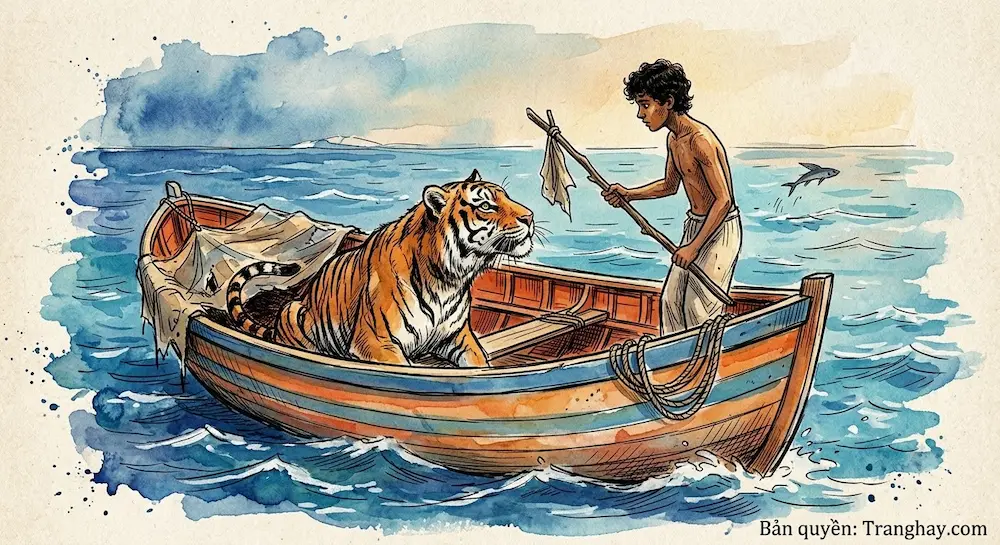 Tranh minh họa màu nước về  cậu bé Pi cùng chú hổ Richard Parker trên thuyền cứu sinh giữa đại dương 