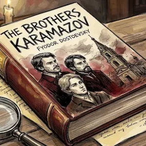 Cuốn tiểu thuyết Anh Em Nhà Karamazov đặt cạnh ngọn nến và lọ mực cổ