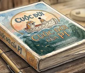 Cuốn tiểu thuyết Cuộc Đời Của Pi đặt trên bàn gỗ cổ kính