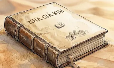 Tranh minh họa màu nước bìa sách khép lại chỉ ghi chữ NHÀ GIẢ KIM