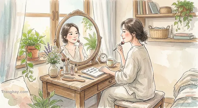 Gương trang điểm và các lọ mỹ phẩm mộc mạc dưới ánh nắng ban mai nhẹ nhàng