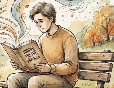 Tranh minh họa màu nước vẽ một chàng trai trẻ có gương mặt đượm buồn, đang ngồi trên chiếc ghế băng gỗ chăm chú đọc sách