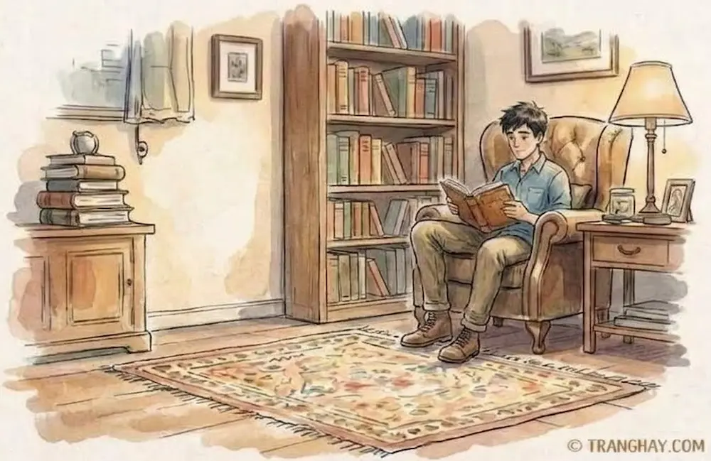 Tranh minh họa màu nước Một chàng trai trẻ đang ngồi suy ngẫm trên chiếc ghế bành da cổ điển, chăm chú đọc một cuốn sách trên tay