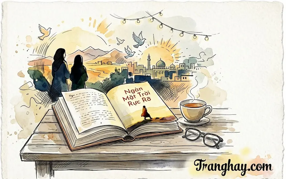 Tranh minh họa màu nước vẽ hai người phụ nữ mặc trang phục truyền thống trùm đầu đang đứng nhìn về phía mặt trời mọc rực rỡ và những cánh chim bồ câu hòa bình bay lượn