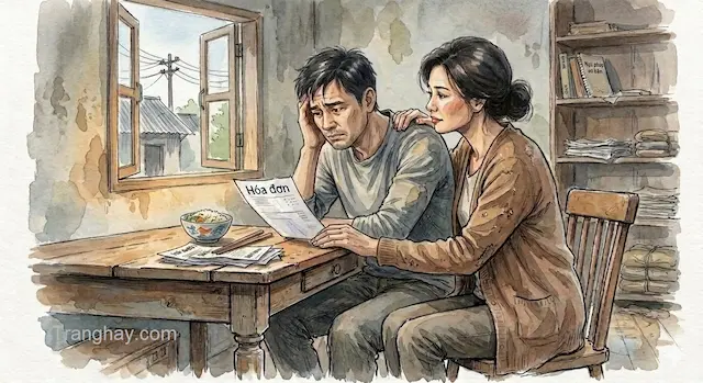 Người chồng có gương mặt khắc khổ, một tay tựa trán đầy lo âu khi nhìn tờ hóa đơn trên bàn gỗ cũ kỹ. Người vợ ngồi bên cạnh với ánh mắt dịu dàng, đồng cảm, một tay đặt lên vai chồng để an ủi và sẻ chia gánh nặng cuộc sống