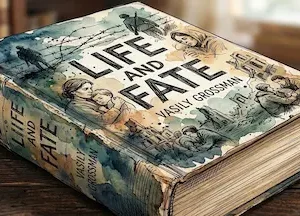 Cuốn tiểu thuyết Life and Fate đặt nghiêng trên mặt bàn gỗ