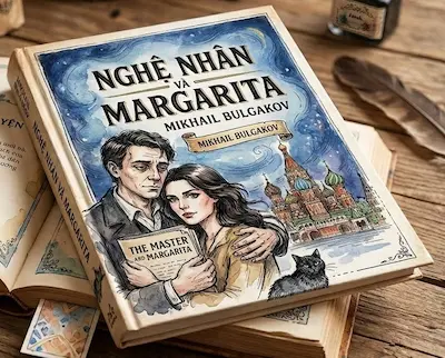 Tranh màu nước minh họa cận cảnh cuốn sách cổ Nghệ nhân và Margarita đặt trên bàn gỗ với khói mờ ảo ảnh bóng mèo đen Behemoth