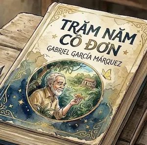 Cuốn tiểu thuyết Trăm Năm Cô Đơn đặt trên mặt bàn gỗ cổ kính