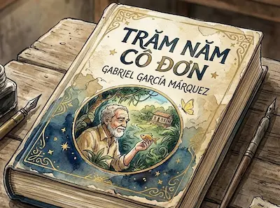 Tranh minh họa màu nước và mực đen vẽ cuon sách Trăm năm cô đơn