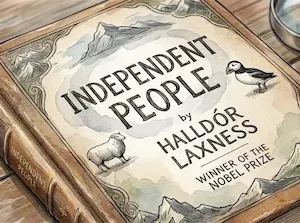Cuốn tiểu thuyết Independent People đặt nghiêng trên mặt bàn gỗ cổ kính