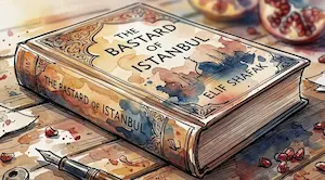 Ảnh cận cảnh cuốn sách The Bastard of Istanbul của Elif Shafak khép lại trên mặt bàn gỗ phong cách màu nước phác thảo mực đen bản quyền Tranghay.com