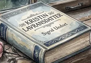 Cuốn tiểu thuyết Kristin Lavransdatter đặt nghiêng trên bàn gỗ cổ kính