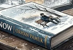 Cuốn tiểu thuyết Snow của Orhan Pamuk đặt bên bậu cửa sổ ngày tuyết rơi
