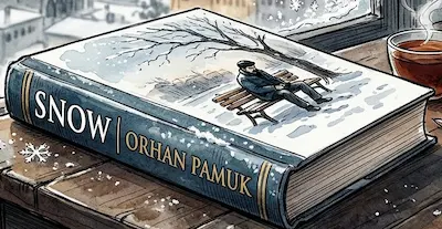 Ảnh tranh màu nước phác thảo mực đen cận cảnh cuốn sách Snow