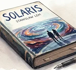 Cuốn tiểu thuyết viễn tưởng Solaris đặt nghiêng trên bàn gỗ cổ kính