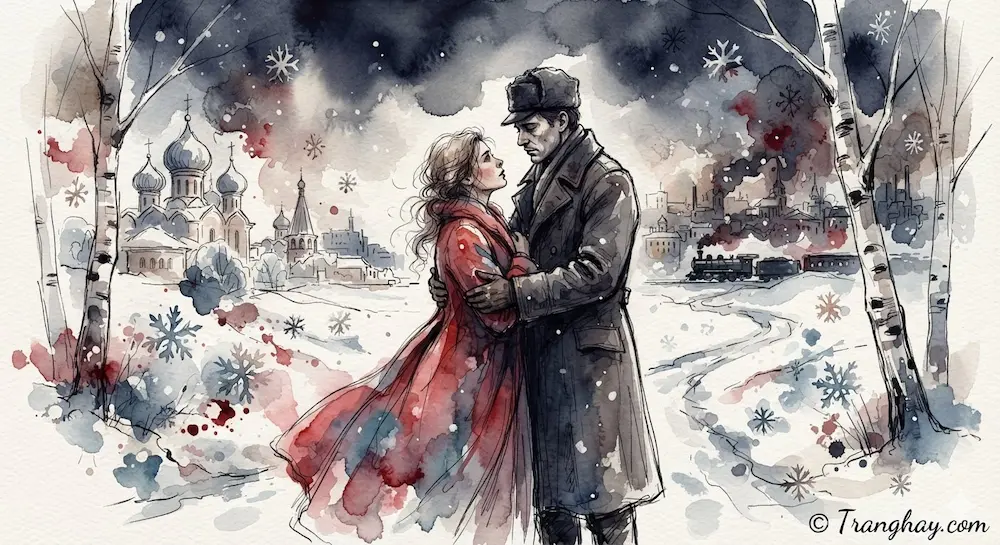Tranh minh họa màu nước Bác sĩ Zhivago và Lara ôm nhau giữa bão tuyết mùa đông nước Nga, phong cách phác thảo mực đen có bản quyền Tranghay.com.