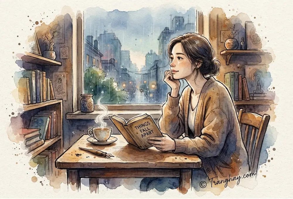 Tranh minh họa màu nước một cô gái ngồi đọc sách Things Fall Apart bên cửa sổ ngắm mưa thành phố, phong cách phác thảo mực đen lãng mạn cho blog Tranghay.com.