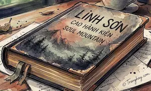 Tranh minh họa màu nước vẽ cận cảnh cuốn sách Linh Sơn - Cao Hành Kiện - Soul Mountain khép lại trên bàn gỗ cạnh tách trà và nghiên mực.