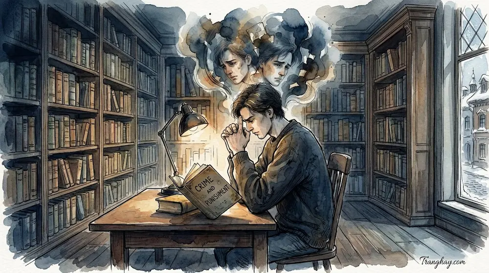 Hình ảnh một chàng trai ngồi suy tư bên cuốn sách Crime and Punishment trong thư viện cổ ban đêm độc quyền tại Tranghay.com
