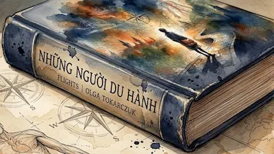 bìa cuốn sách Những Người Du Hành tên tiếng Anh Flights của tác giả Olga Tokarczuk đặt trên bản đồ cổ