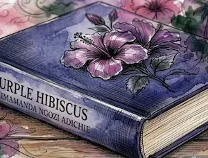 Can canh bia sach Purple Hibiscus cua Chimamanda Ngozi Adichie tren mat ban go tai tranghay.com
