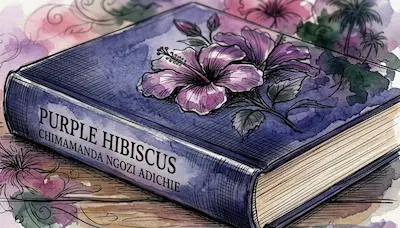 Can canh bia sach Purple Hibiscus cua Chimamanda Ngozi Adichie tren mat ban go tai tranghay.com
