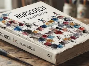 một cuốn sách bìa cứng khép lại có tựa đề "HOPSCOTCH - JULIO CORTÁZAR" đặt trên mặt bàn gỗ