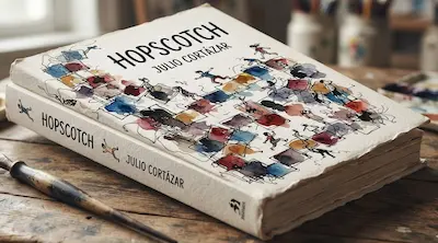 một cuốn sách bìa cứng khép lại có tựa đề "HOPSCOTCH - JULIO CORTÁZAR" đặt trên mặt bàn gỗ