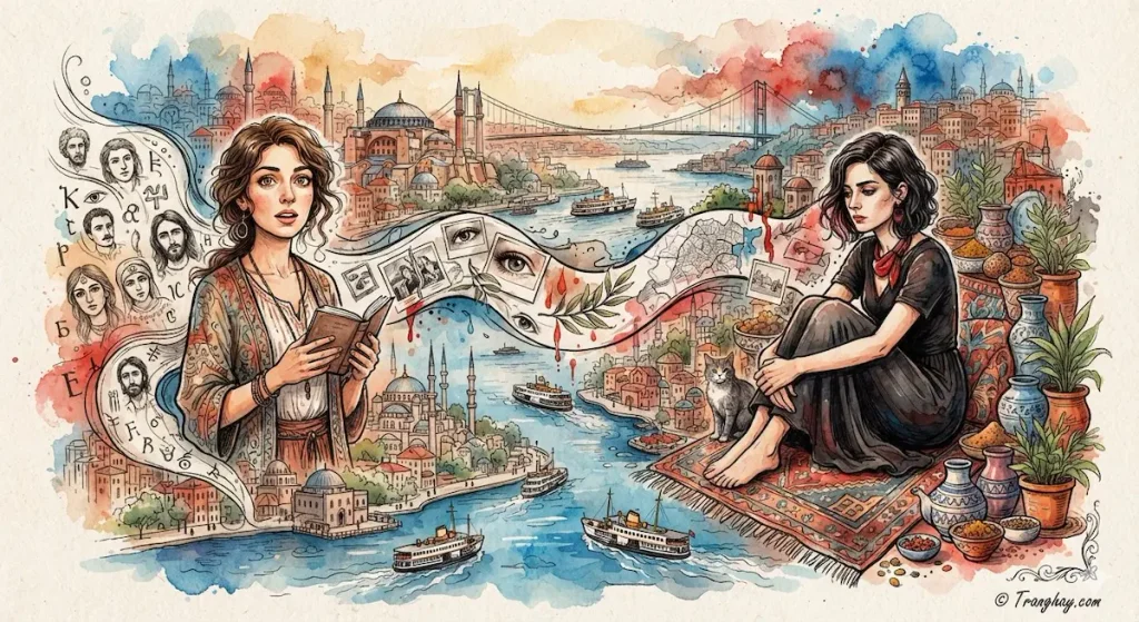 Hình ảnh hai nhân vật Asya và Armanoush trong tiểu thuyết The Bastard of Istanbul của Elif Shafak, lấy bối cảnh thành phố Istanbul cổ kính giao thoa bên eo biển Bosphorus.