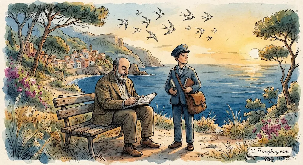 Tranh màu nước phác thảo mực đen tác phẩm The Postman người bưu tá và nhà thơ bên bờ biển Tranghay.com