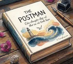 Cận cảnh cuốn sách The Postman đặt trên bàn gỗ bên cạnh lọ mực cổ