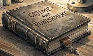 Cận cảnh bìa sách Crime and Punishment khép lại trên mặt bàn gỗ cổ kính dưới ánh đèn vàng