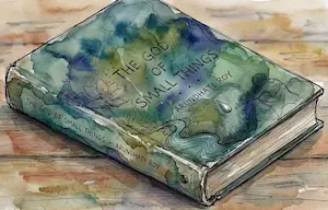 Tranh mau nuoc phac thao muc den cuon sach The God of Small Things cua Arundhati Roy khep lai tren mat ban go Tranghay.com